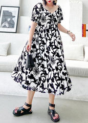 Women black print dresses v neck Cinched A Line Dress AT-SDL200723