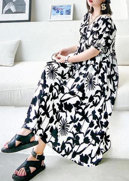 Women black print dresses v neck Cinched A Line Dress AT-SDL200723