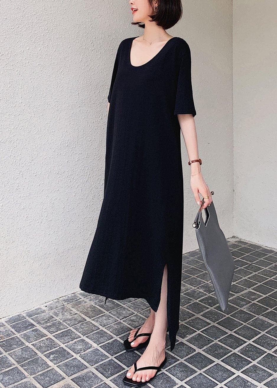 Women black quilting clothes o neck low high design Maxi Dresses AT-SDL200707