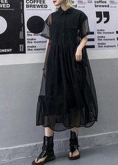 Women black tulle tunic top short sleeve Robe summer Dress AT-SDL190717