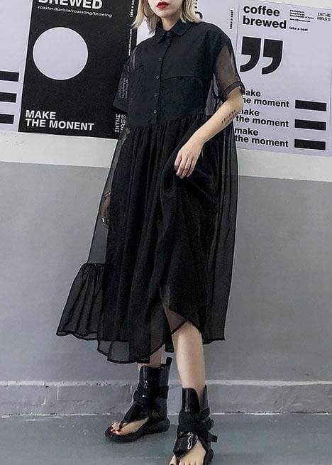 Women black tulle tunic top short sleeve Robe summer Dress AT-SDL190717