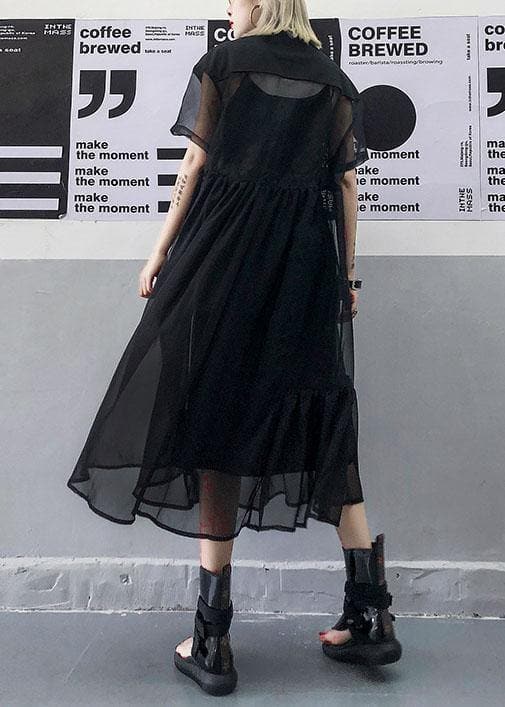 Women black tulle tunic top short sleeve Robe summer Dress AT-SDL190717