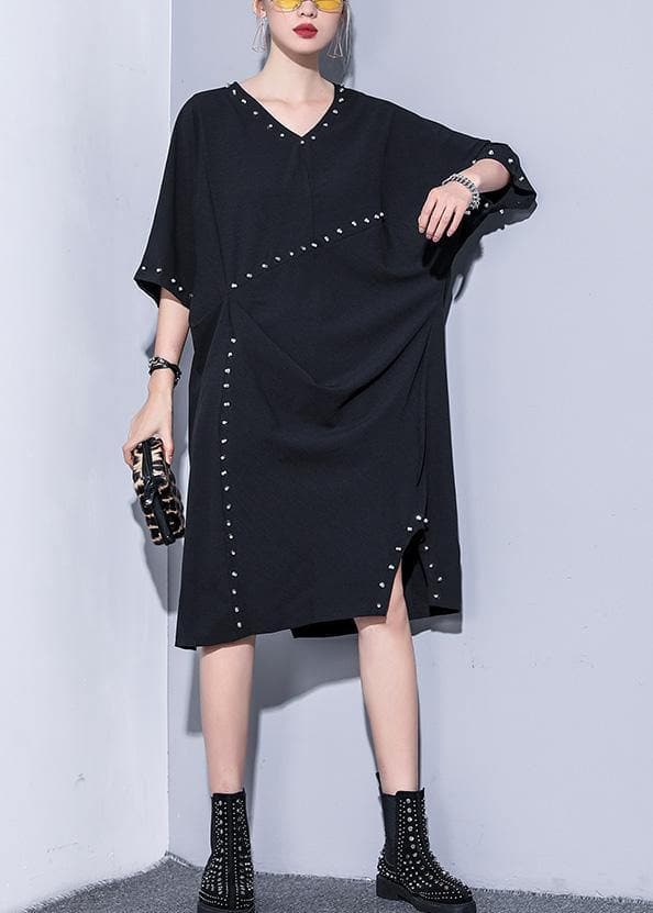 Women black v neck Cotton quilting clothes Rivet summer Dresses AT-SDM190411