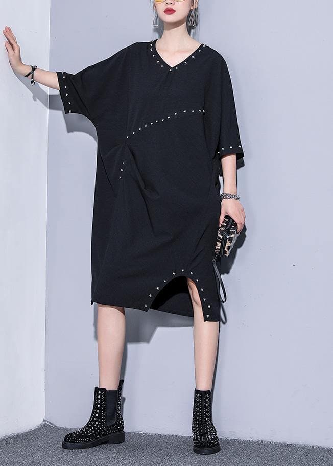 Women black v neck Cotton quilting clothes Rivet summer Dresses AT-SDM190411