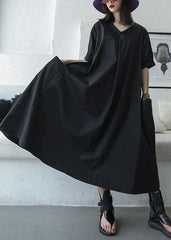 Women black v neck cotton Tunics big pockets Maxi summer Dresses AT-SDL190717