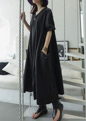 Women black v neck cotton Tunics big pockets Maxi summer Dresses AT-SDL190717