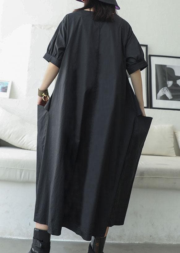 Women black v neck cotton Tunics big pockets Maxi summer Dresses AT-SDL190717