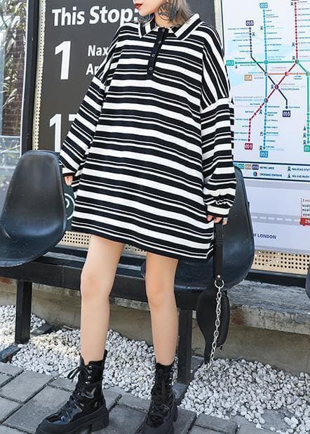 Women black white striped knit tops plus size clothing lapel baggy knit sweat tops AT-NTP191023