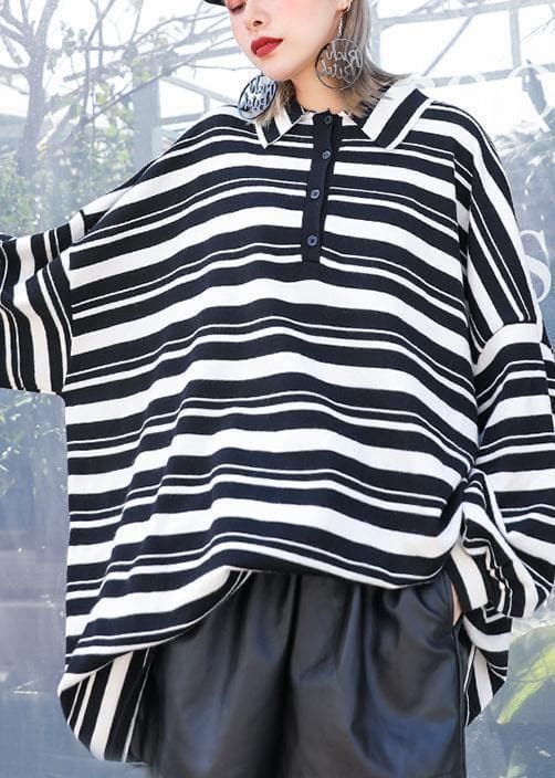 Women black white striped knit tops plus size clothing lapel baggy knit sweat tops AT-NTP191023