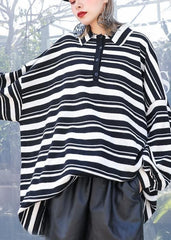 Women black white striped knit tops plus size clothing lapel baggy knit sweat tops AT-NTP191023