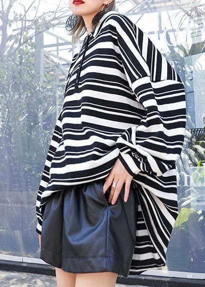 Women black white striped knit tops plus size clothing lapel baggy knit sweat tops AT-NTP191023