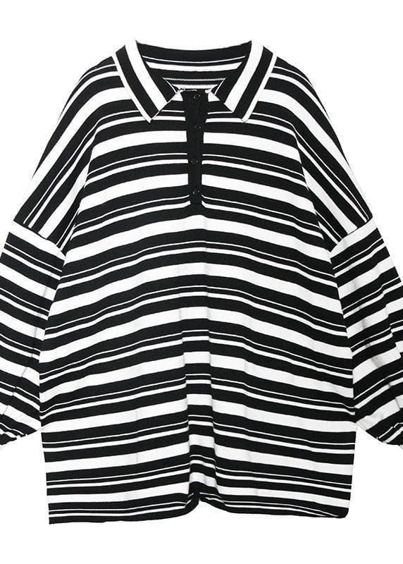 Women black white striped knit tops plus size clothing lapel baggy knit sweat tops AT-NTP191023