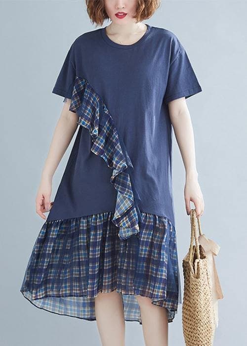 Women blue plaid Cotton tunic o neck patchwork tulle daily Dresses SDM200325