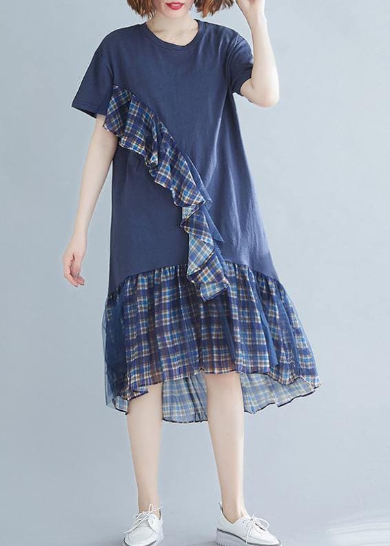 Women blue plaid Cotton tunic o neck patchwork tulle daily Dresses SDM200325