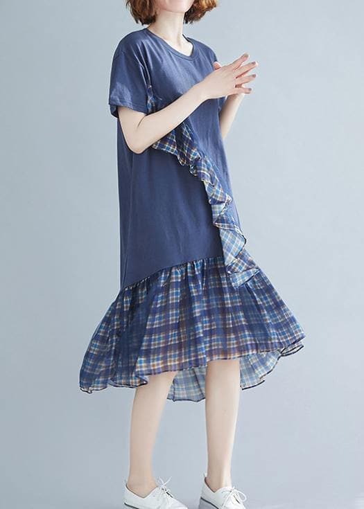 Women blue plaid Cotton tunic o neck patchwork tulle daily Dresses SDM200325