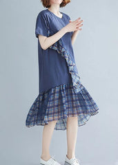 Women blue plaid Cotton tunic o neck patchwork tulle daily Dresses SDM200325