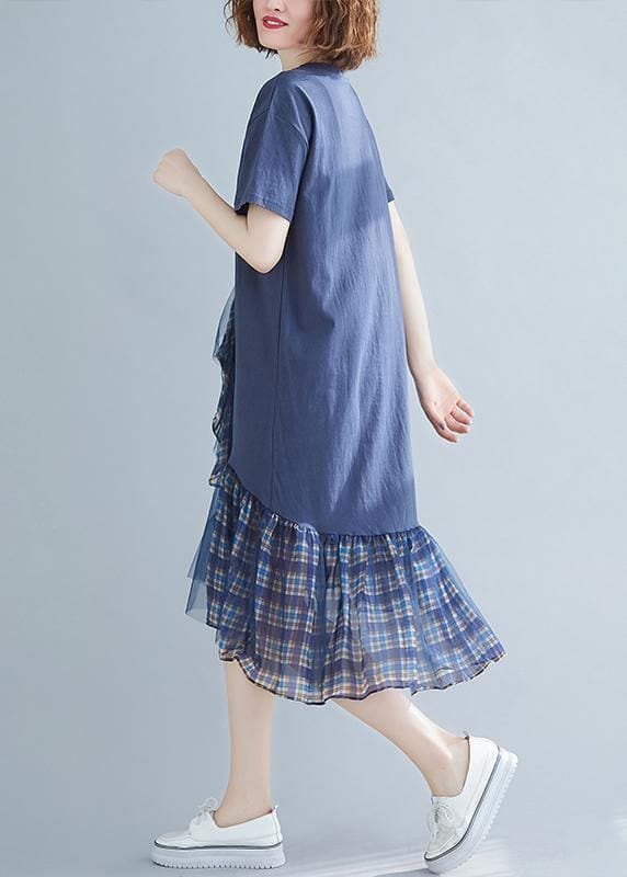 Women blue plaid Cotton tunic o neck patchwork tulle daily Dresses SDM200325