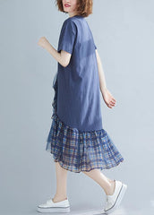 Women blue plaid Cotton tunic o neck patchwork tulle daily Dresses SDM200325