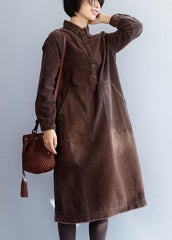 Women brown cotton Wardrobes side open Robe lapel collar Dresses FDL191125