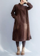 Women brown cotton Wardrobes side open Robe lapel collar Dresses FDL191125