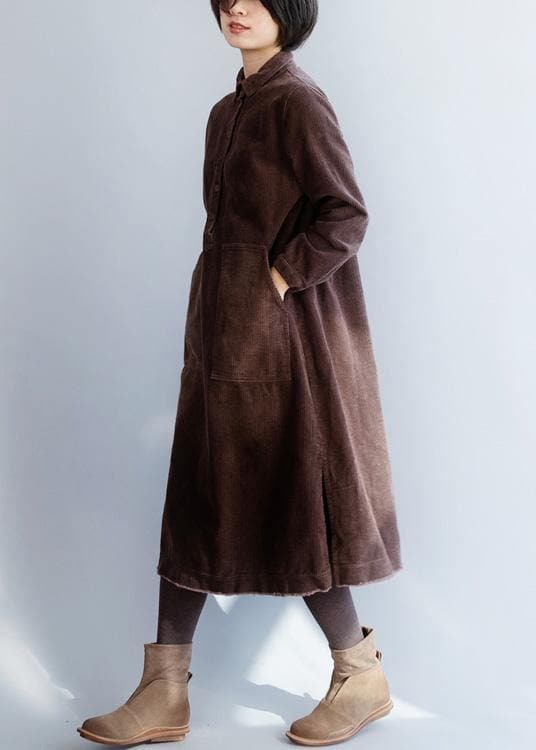 Women brown cotton Wardrobes side open Robe lapel collar Dresses FDL191125