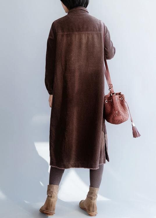 Women brown cotton Wardrobes side open Robe lapel collar Dresses FDL191125