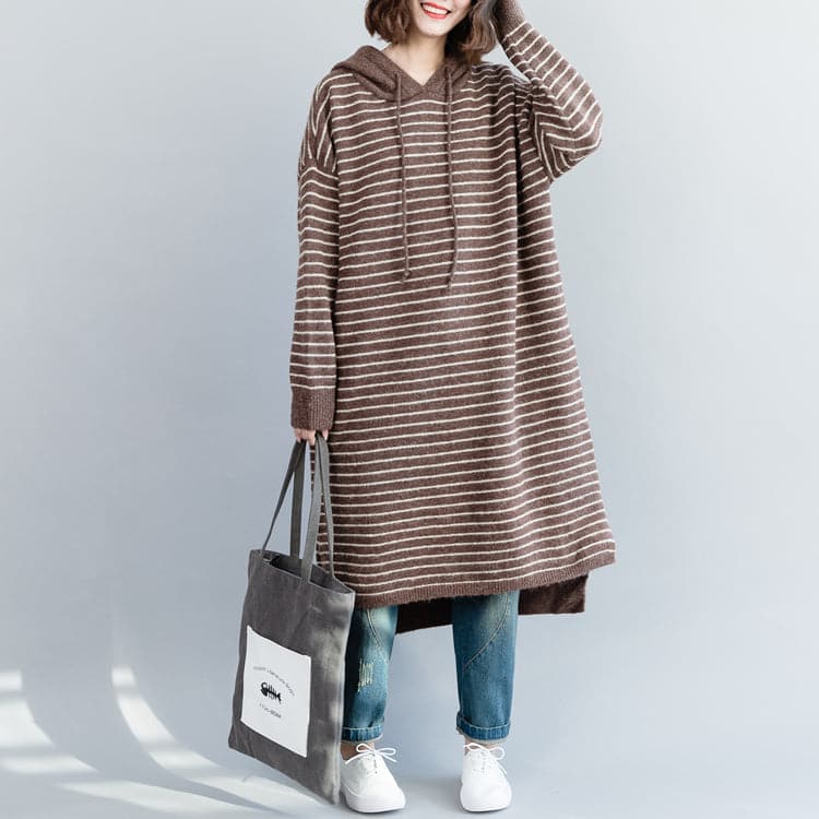 Women brown striped Sweater Aesthetic Quotes Funny hooded knitwear NSD181220