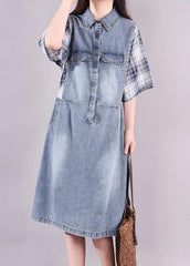 Women cotton quilting clothes Fine Plaid Spliced Denim Fake Two Piece Dress SDM190726