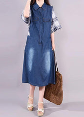 Women cotton quilting clothes Fine Plaid Spliced Denim Fake Two Piece Dress SDM190726