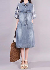 Women cotton quilting clothes Fine Plaid Spliced Denim Fake Two Piece Dress SDM190726