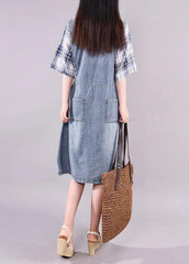 Women cotton quilting clothes Fine Plaid Spliced Denim Fake Two Piece Dress SDM190726