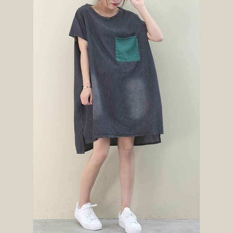 Women denim black Cotton clothes Women o neck green pockets Midi Dresses WG-SDM200601