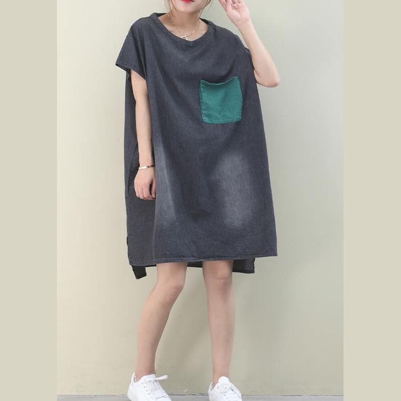 Women denim black Cotton clothes Women o neck green pockets Midi Dresses WG-SDM200601