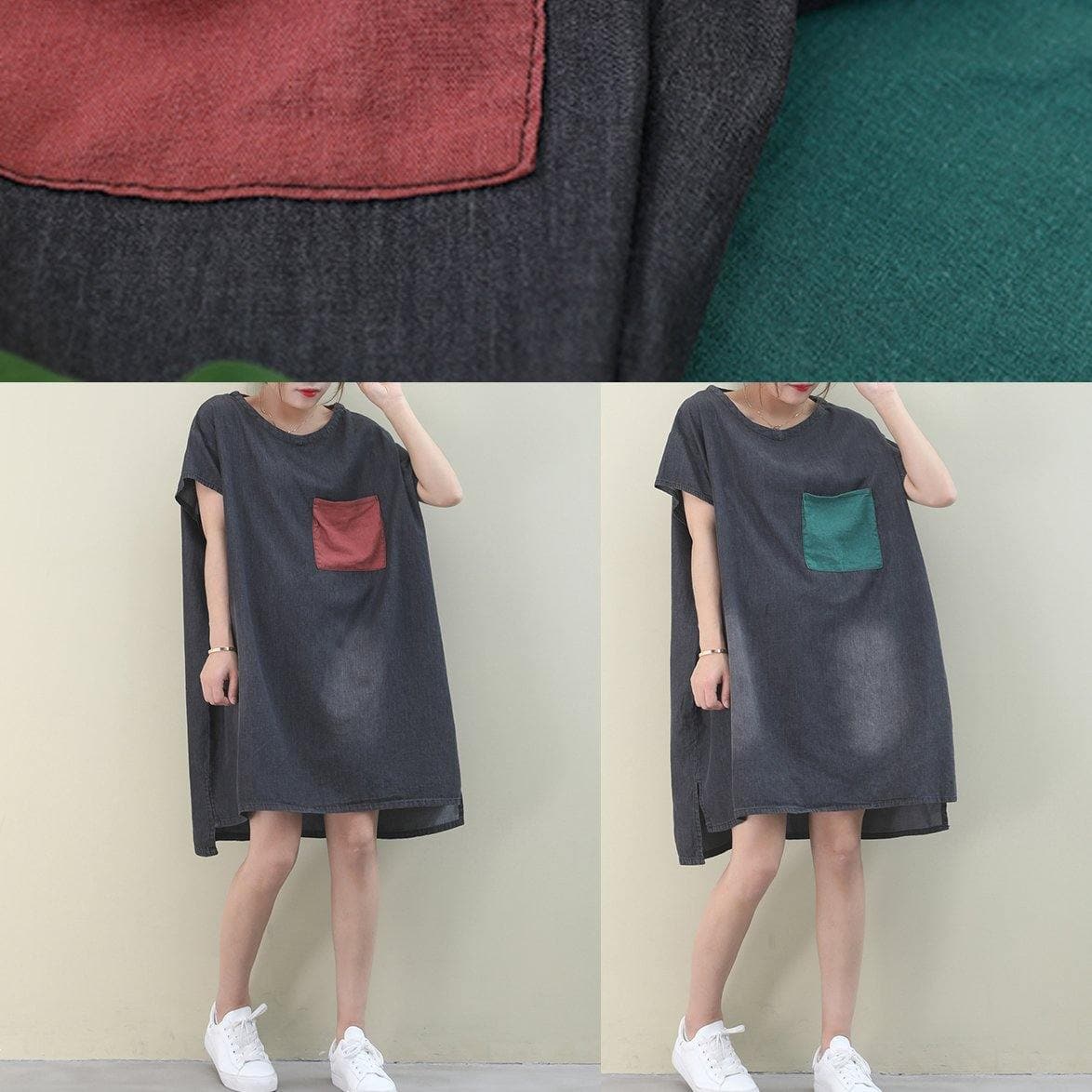 Women denim black Cotton clothes Women o neck green pockets Midi Dresses WG-SDM200601