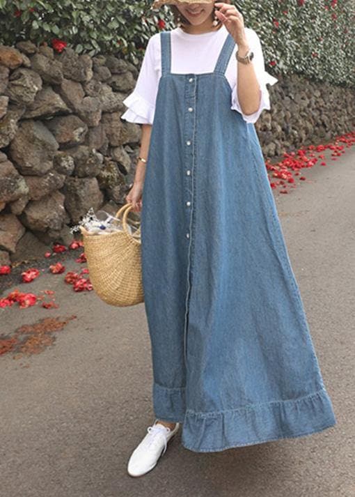 Women denim blue quilting dresses Spaghetti Strap Ruffles loose Dresses SDL20222