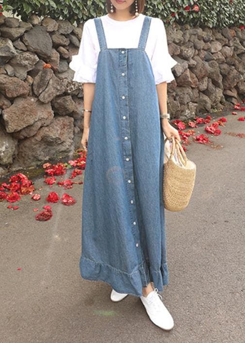 Women denim blue quilting dresses Spaghetti Strap Ruffles loose Dresses SDL20222