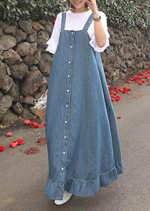 Women denim blue quilting dresses Spaghetti Strap Ruffles loose Dresses SDL20222