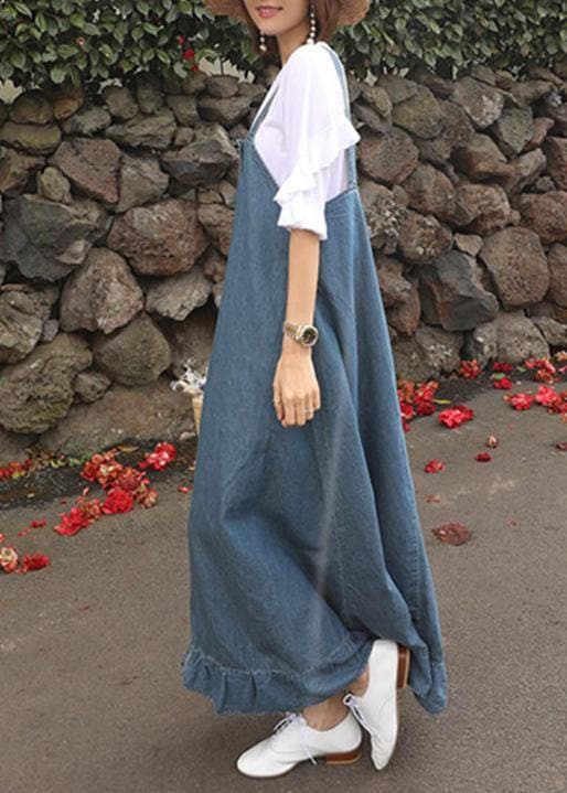 Women denim blue quilting dresses Spaghetti Strap Ruffles loose Dresses SDL20222