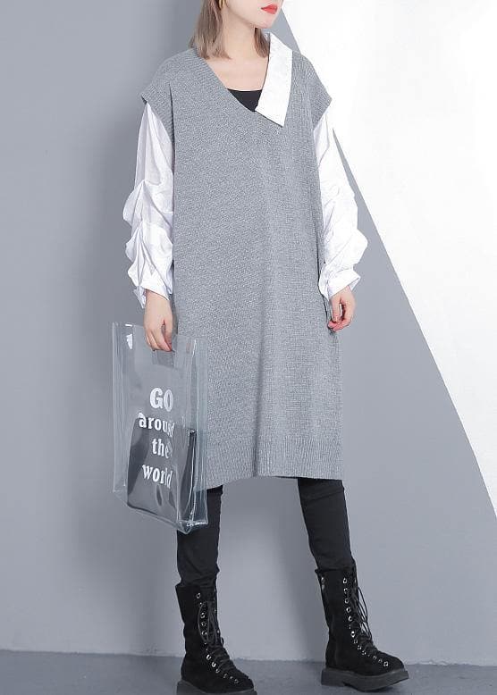 Women gray Sweater dress outfit Design Funny v neck knitted tops AT-NTP191203