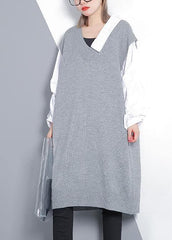 Women gray Sweater dress outfit Design Funny v neck knitted tops AT-NTP191203