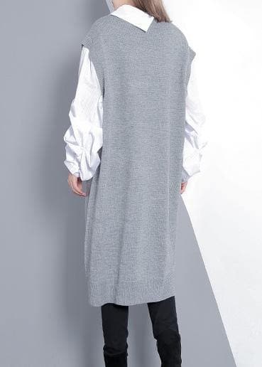 Women gray Sweater dress outfit Design Funny v neck knitted tops AT-NTP191203