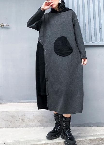 Women gray cotton quilting clothes hooded patchwork loose fall Dress AT-FDL191113