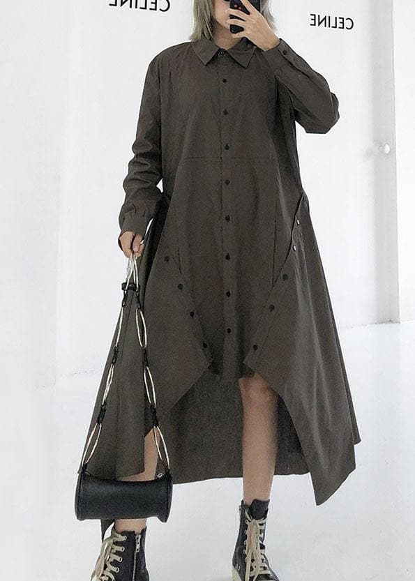 Women gray green Cotton 0lapel collar baggy asymmetric Dresses AT-FDL191120