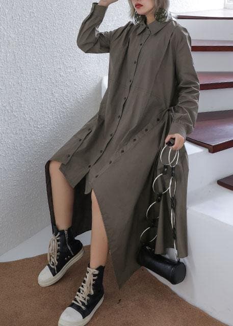 Women gray green Cotton 0lapel collar baggy asymmetric Dresses AT-FDL191120