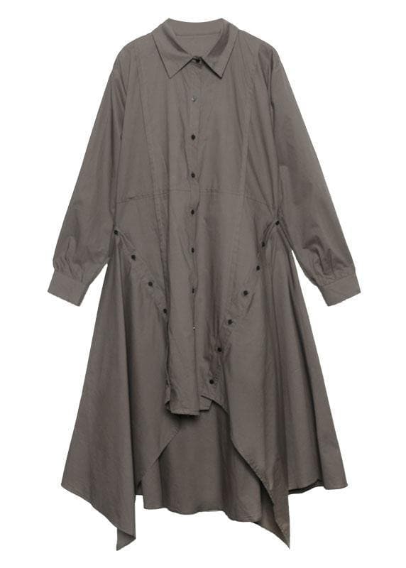 Women gray green Cotton 0lapel collar baggy asymmetric Dresses AT-FDL191120