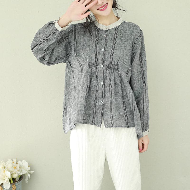 Women gray linen clothes For Women Omychic Wardrobes stand collar tunic blouses LTP190129