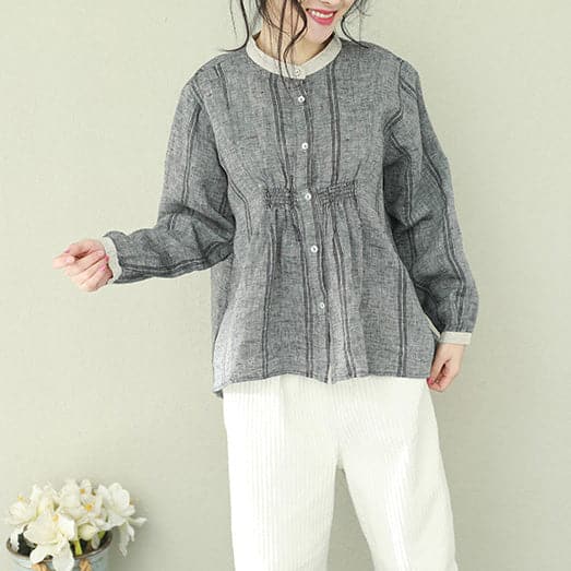 Women gray linen clothes For Women Omychic Wardrobes stand collar tunic blouses LTP190129