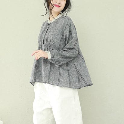 Women gray linen clothes For Women Omychic Wardrobes stand collar tunic blouses LTP190129