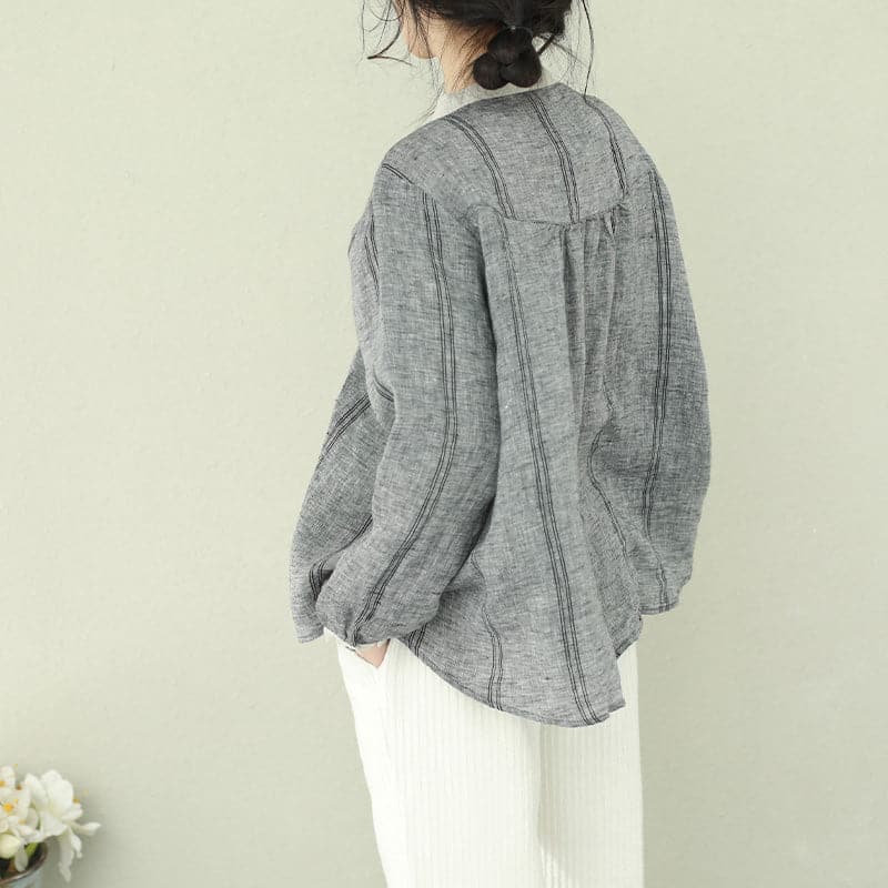 Women gray linen clothes For Women Omychic Wardrobes stand collar tunic blouses LTP190129