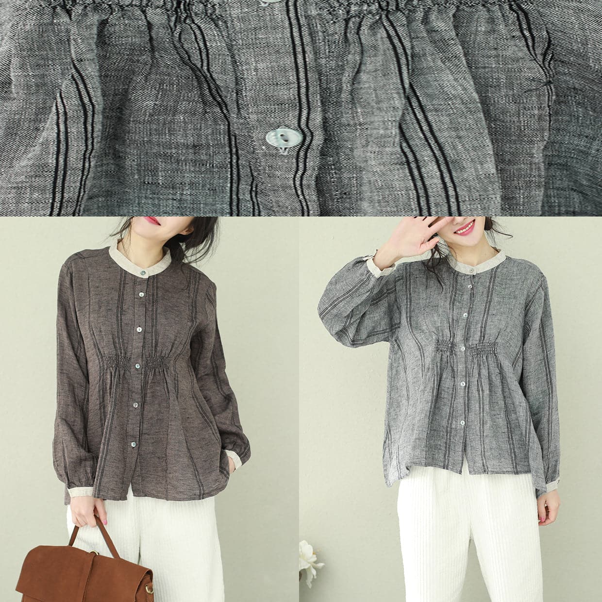 Women gray linen clothes For Women Omychic Wardrobes stand collar tunic blouses LTP190129